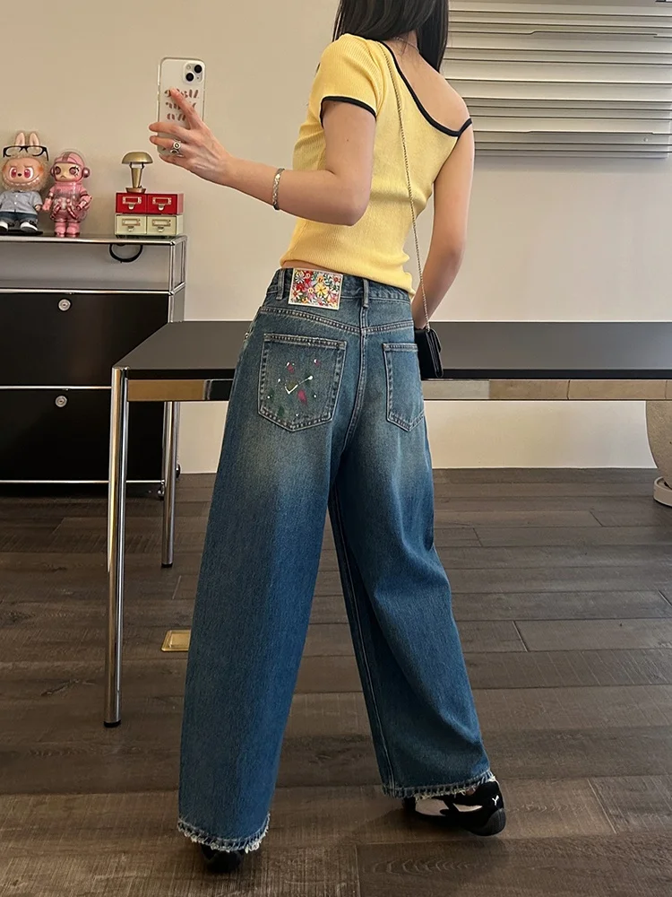 

High Waist Wide Leg Denim Jeans Women's Spring 2026 New Style Splashed Paint Firework Pants Blue Color Nine Points Knife Pants