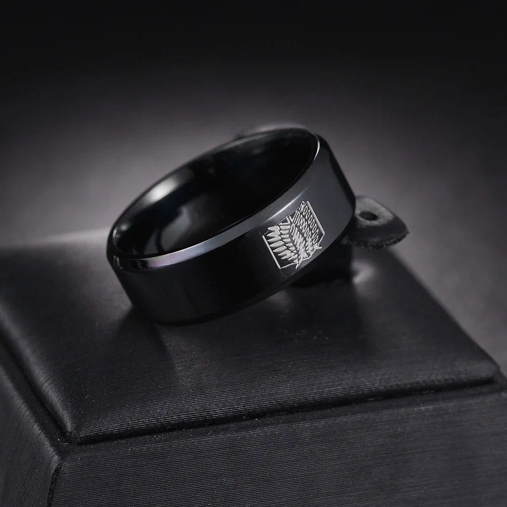 8mm Attack on Titan Black Sliver Stainless Steel Ring Wings Of Liberty Flag Finger Rings For Men Women Charm Jewelry Anime Fans