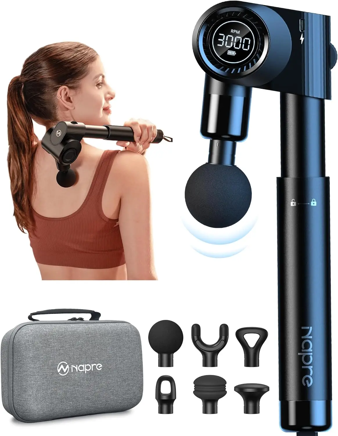 

Складной массажный пистолет с 5 регулируемыми углами, портативный перкуссионный массажер для снятия мышечной боли, 32 скорости, чехол для переноски