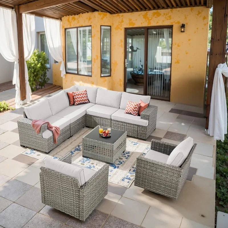 

Modular Outdoor Furniture Set - 8 Pieces Patio Conversation Sectional Sofa Set with Swivel Rocker Outdoor Chairs and Glass Coffe