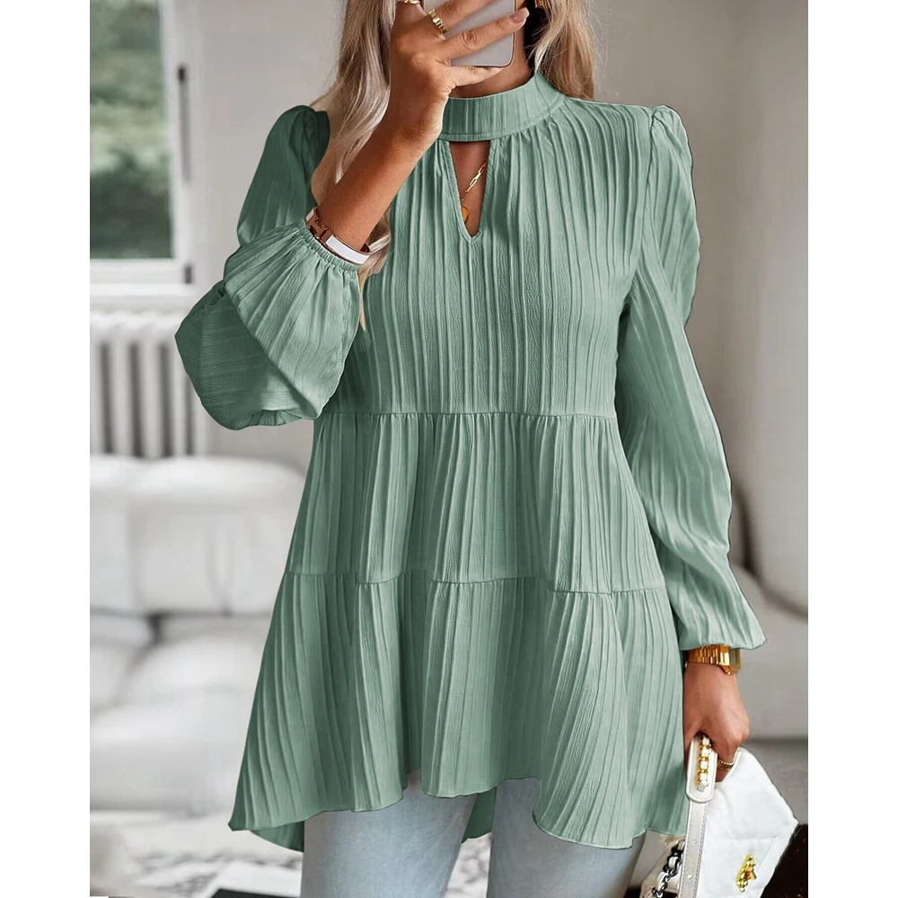 2024 Lente Vrouwen Geribbelde Ruches Met Ronde Hals Uitgesneden Lantaarn Mouw Blouse Mode Femme Casual Solide Elegante Top Streetwear