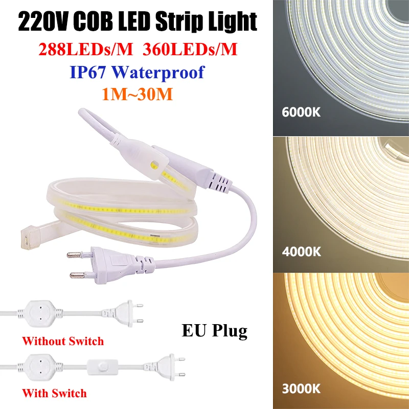 

LED Strip Light Room Decoration AC 220V COB LED Light Strip 288LEDs/M 360LEDs/M Waterproof LED Light Decor For Room With EU Plug