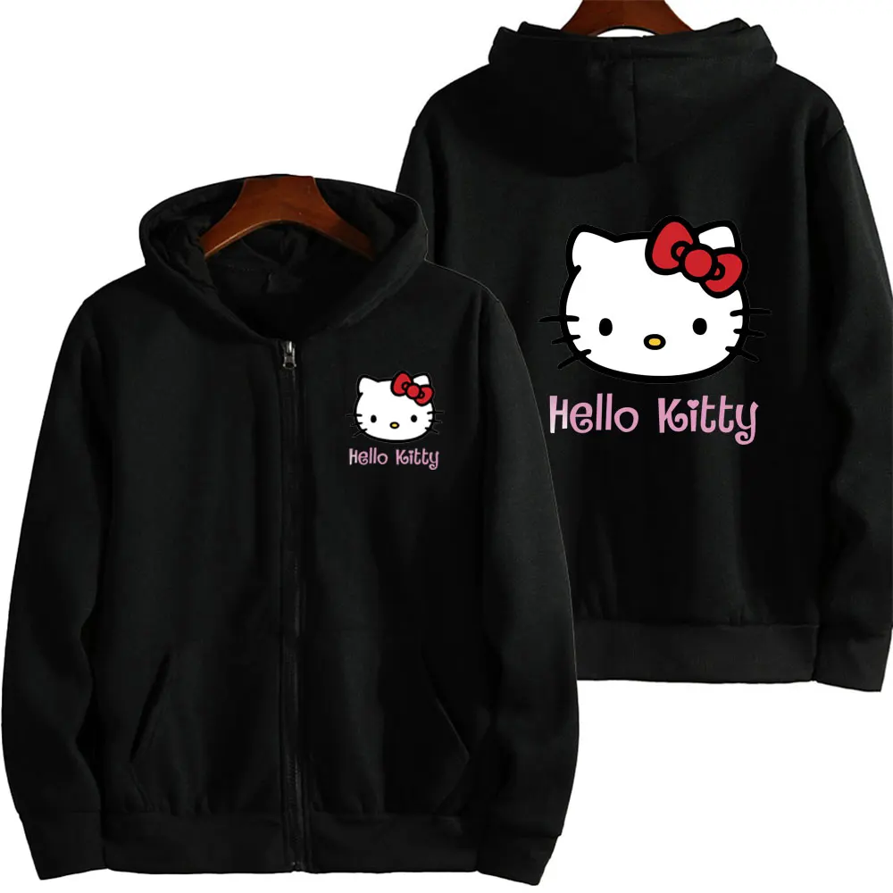 

Женская толстовка с капюшоном Hello Kitty, розовая куртка на молнии, модная мужская толстовка, Одежда большого размера с мультипликационным аниме принтом для пар, весна-осень