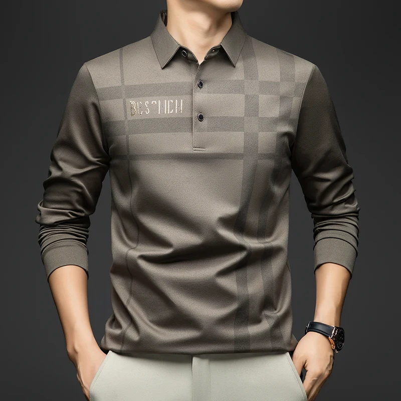 

Spring Autumn Casual Golf Shirt Polo Man Plaid Pattern Soft Comfortable Long Sleeve Business Office Polo Shirt Men