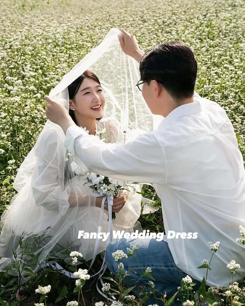 Abito da sposa da giardino estivo semplice e fantasia, servizio fotografico coreano, linea a tre quarti, abito da ballo, corsetto posteriore, cerniera personalizzata