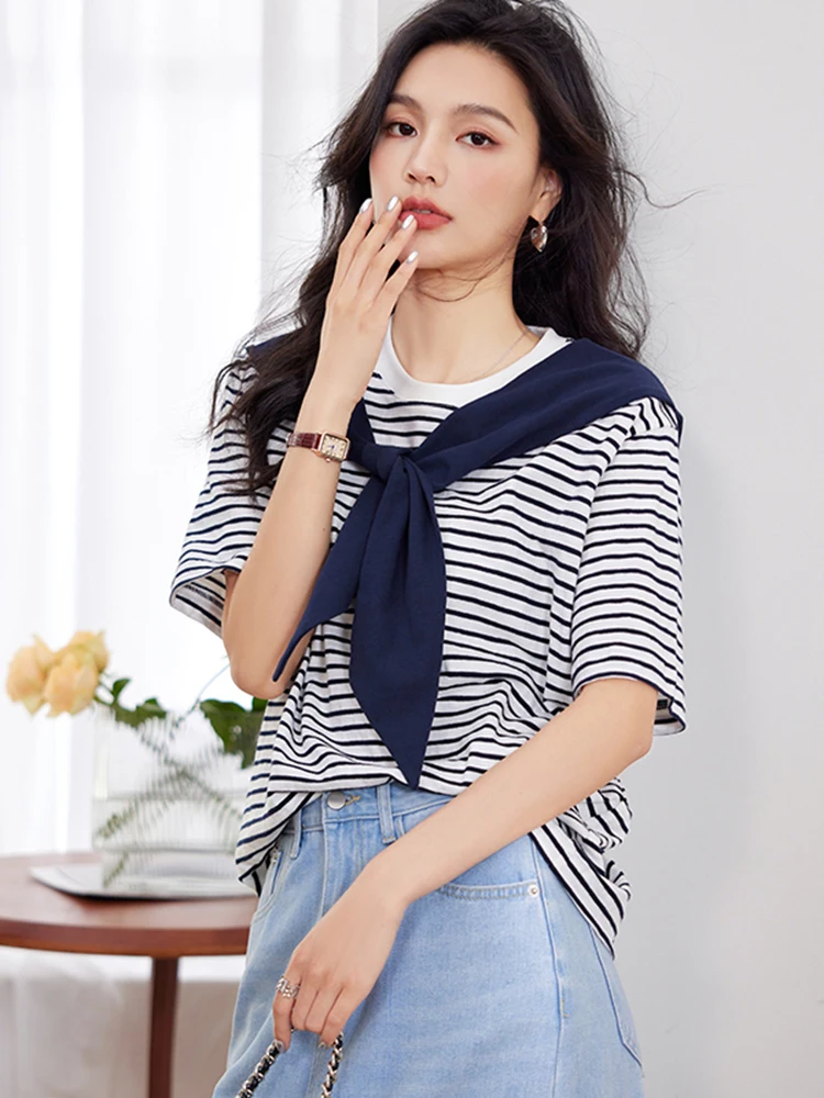 2024 Women's Clothing Loose Round Neck Fake Two Piece Stitching Shawl Striped Short Sleeve T-shirt Fashion Casual Tops