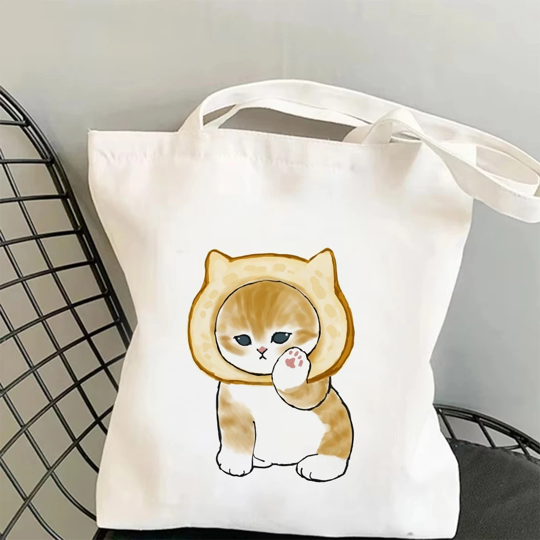 

Playful Kawaii Cat Illustration Canvas Shoulder Bag Fashionable Women Tote Handbag Lightweight Shopping Bag Trendy Accessory