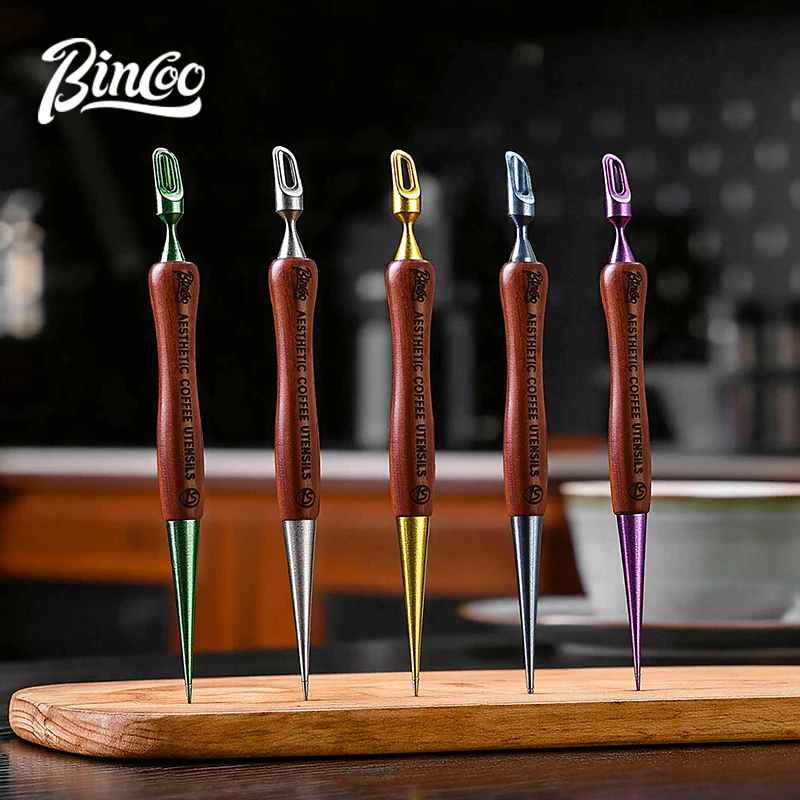 Bincoo Wooden Handle Coffee Latte Art Pen Dual Head Stainless Steel Decorating Needle Espresso Cappuccino Milk Foam Tracing Carv