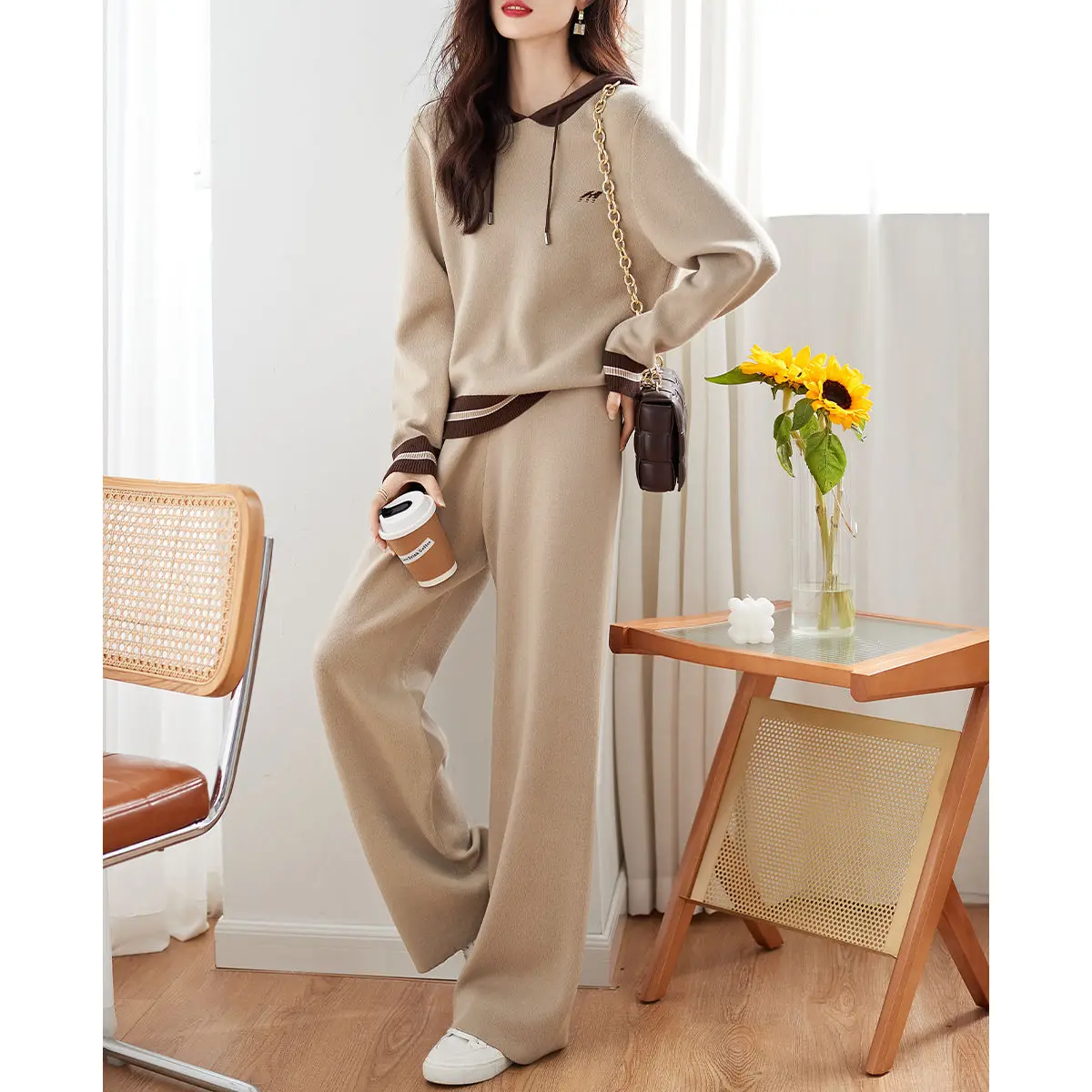 2024 Spring and Autumn New Fashion Korean Edition Slim and Versatile Style Contrast Colored Panel Hoodie Pants 2-piece Set