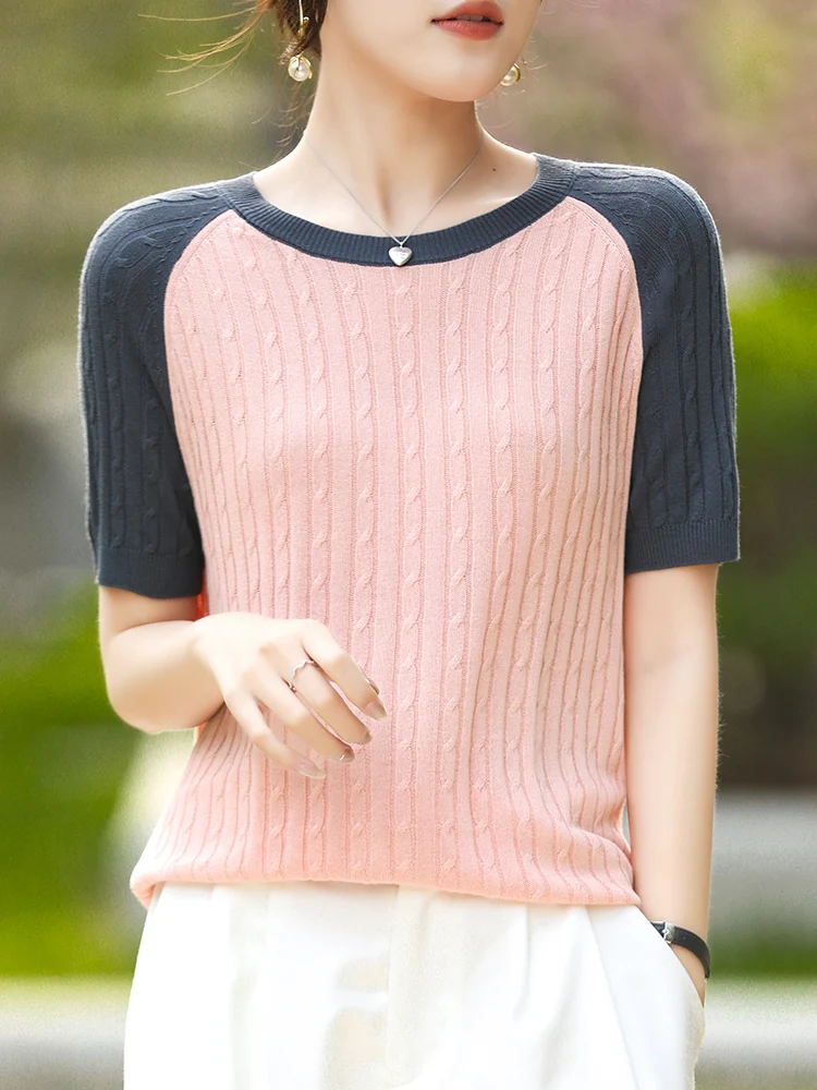 

Spring and summer 2024 new worsted sweater ladies short sleeve O-neck color matching high-end fashion T-shirt