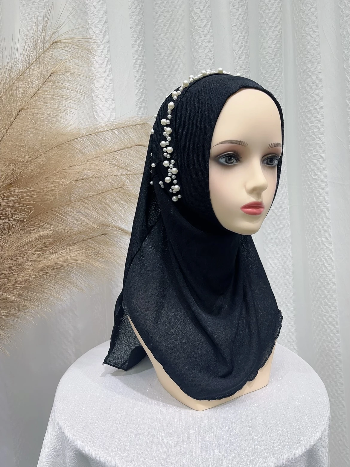 2024 Summer New Middle Eastern Polyester Beaded Headband Shawl Elastic Solid Color National Headband Hat