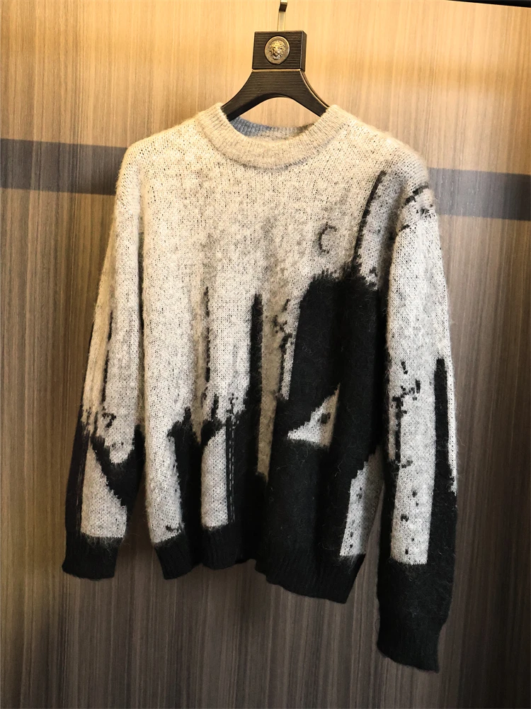 

Men's Faionable Thiened Loose round Ne Knitted Sweater Water-Media fiti Design Winter Warm Ci Sle Long Sve