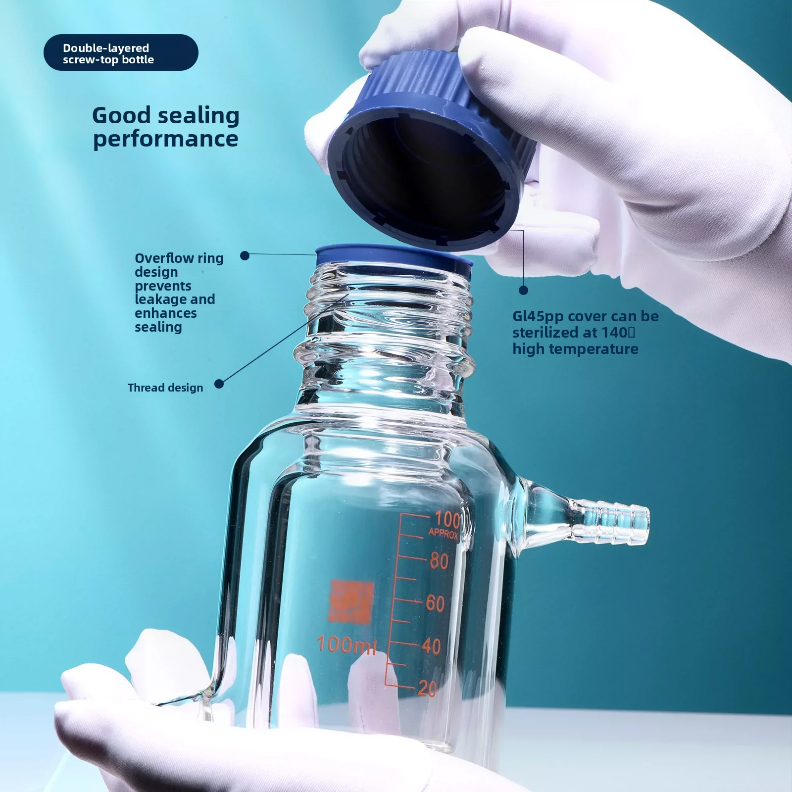 C87 Jacketed Reagent Bottle with GL45 Thread – 100-3000ml Borosilicate Glass Media Storage Vessel for Lab