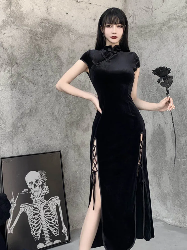 

Romantic Gothic Velvet Aesthetic Dresses Vintage Women Black Bandage SlitHem Bodycon Dress Sexy Evening Wear Cheongsam