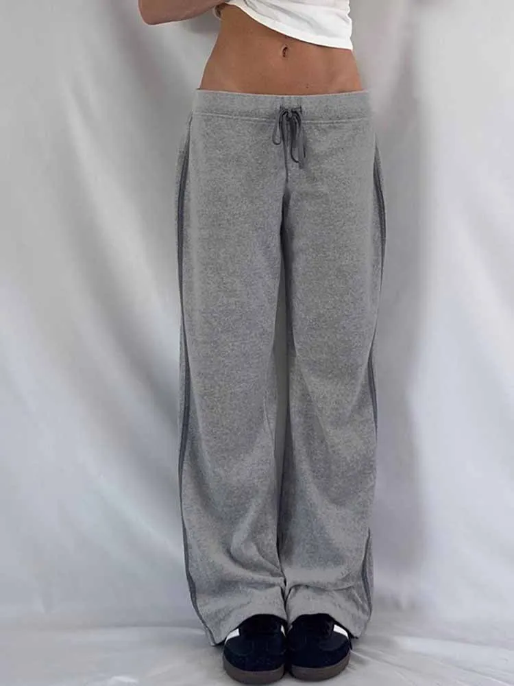 BKQU Harajuku Gray Loose Sweatpants Women 2025 Summer Low Rise Striped Casual Drawstring Wide Leg Pants Hip-hop Jogging Trousers