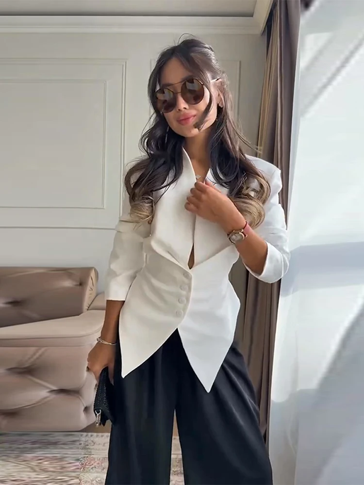 Elegant Women's Pleat Blazer Coat Lace Up Long Sleeve Single Breasted Waist-cinching Jacket 2026 Spring Autumn Lady Commute Tops