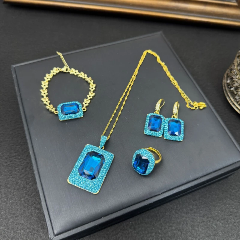 Luxury Multicolor Crystal Jewelry Set for Women Czech Diamond Pendant Necklace Banquet Gift