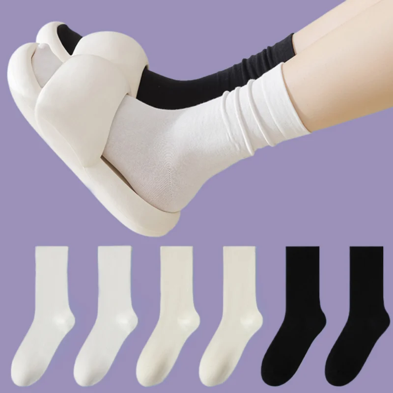 

2/5 Pairs High Quality Summer Thin Middle Tube Socks White Black Polyester Cotton Confinement Socks Pile Women's Socks