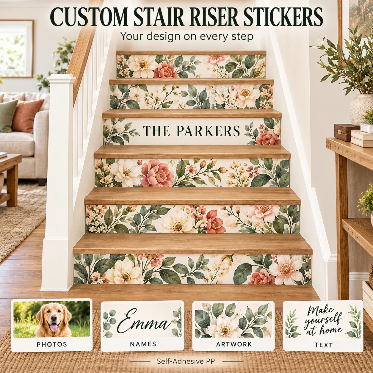 Custom Stair Riser Stickers Personalized PP Peel and Stick Staircase Decals with Your Photo Text for Home Living Room Loft Decor