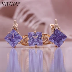 PATAYA New Geometric Trend Woman Gift 585 Rose Gold Color Earrings Ring Set Square Natural Zircon Noble Fashion Jewelry Set