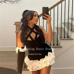 Qanz kurze Ballkleider für schwarze Mädchen Velours Rüschen Mini Neck holder Abend kleider Luxus Dubai sexy Kleid Party Nacht