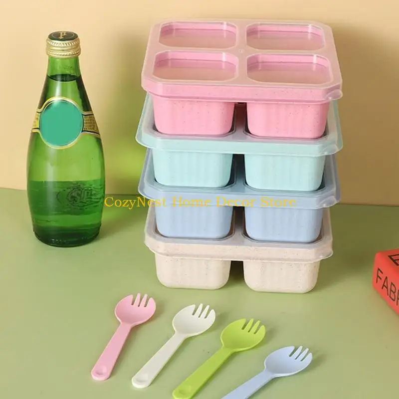 92MF 4 Section Container Snacks Box Wheat Straw Design with 4 Utensils Provided