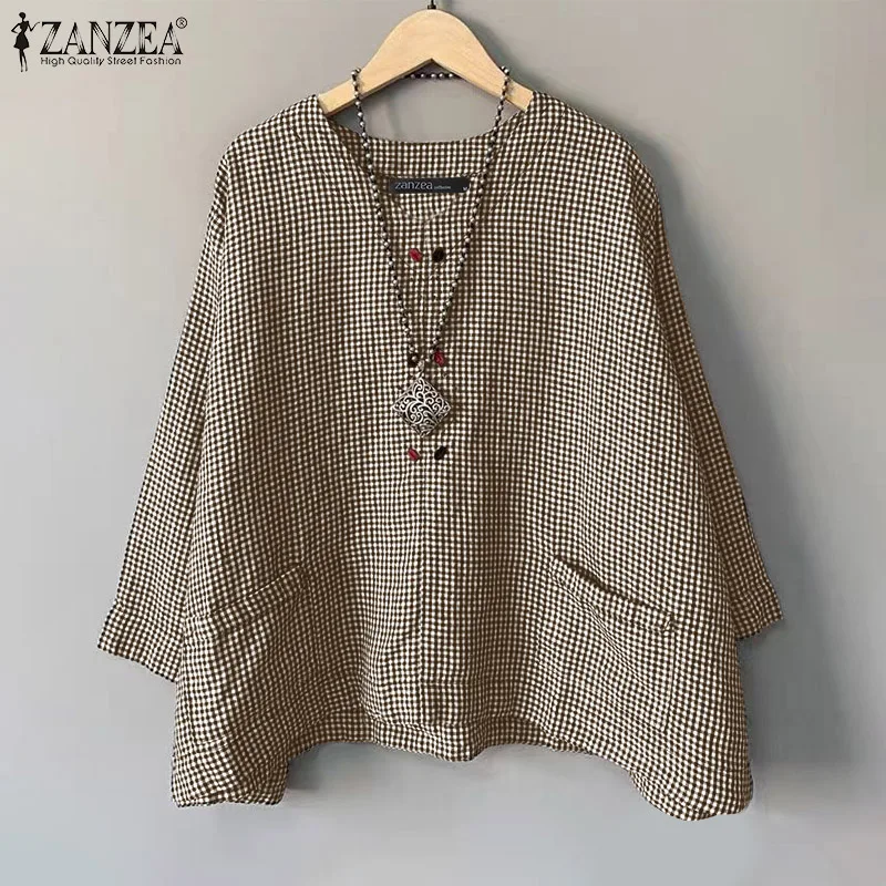 ZANZEA 2025 Herfst Shirt Mode Tuniek Casual Losse Vrouwen Blouse Gecontroleerd Gedrukt Pocket 3/4 Mouw Ronde Hals Tops Blusas Femme