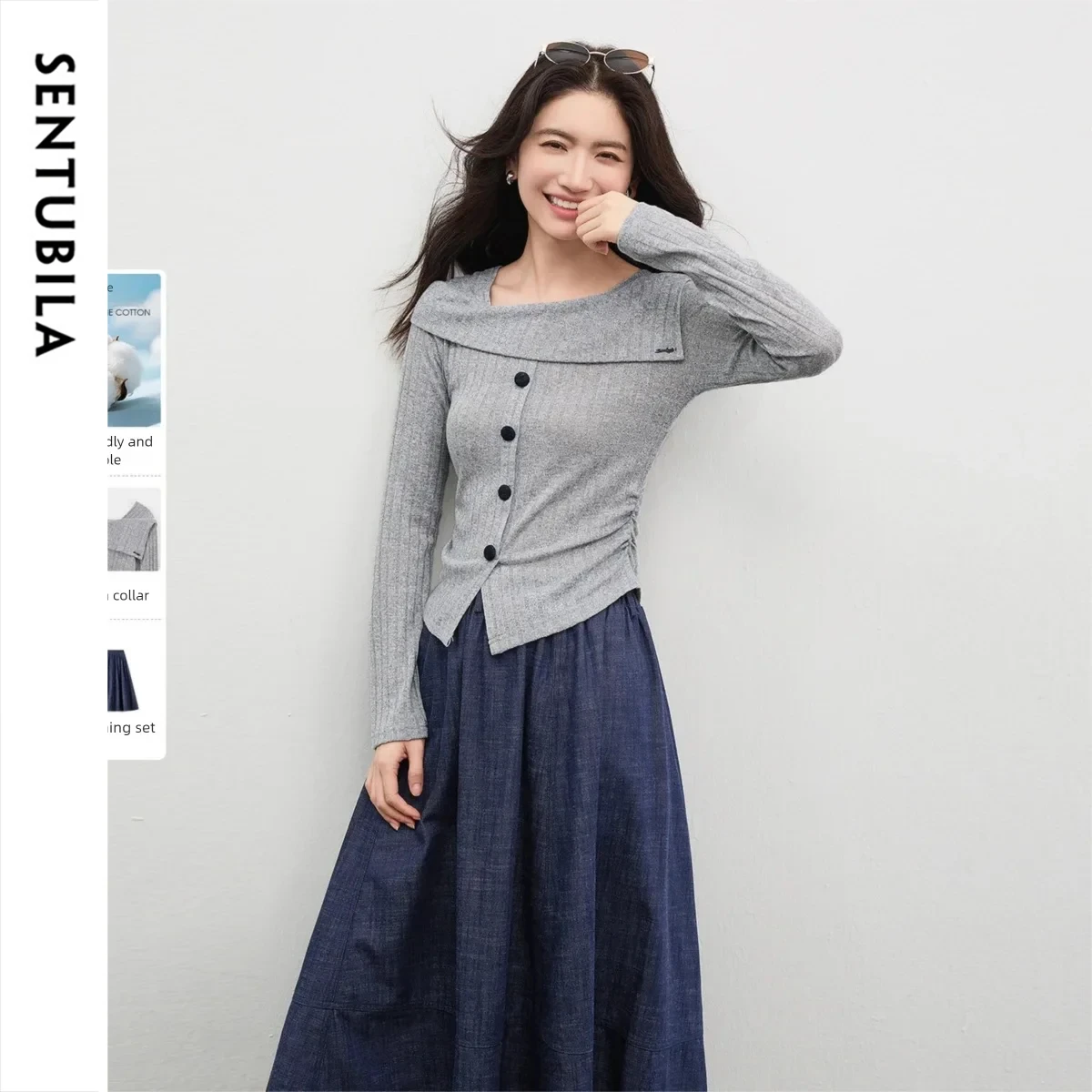 

SENTUBILA Women's Elegant Set 2026 Spring Design Knit Top with High-waisted Cotton A-line Denim Skirt Casual Commute W61ZC6147