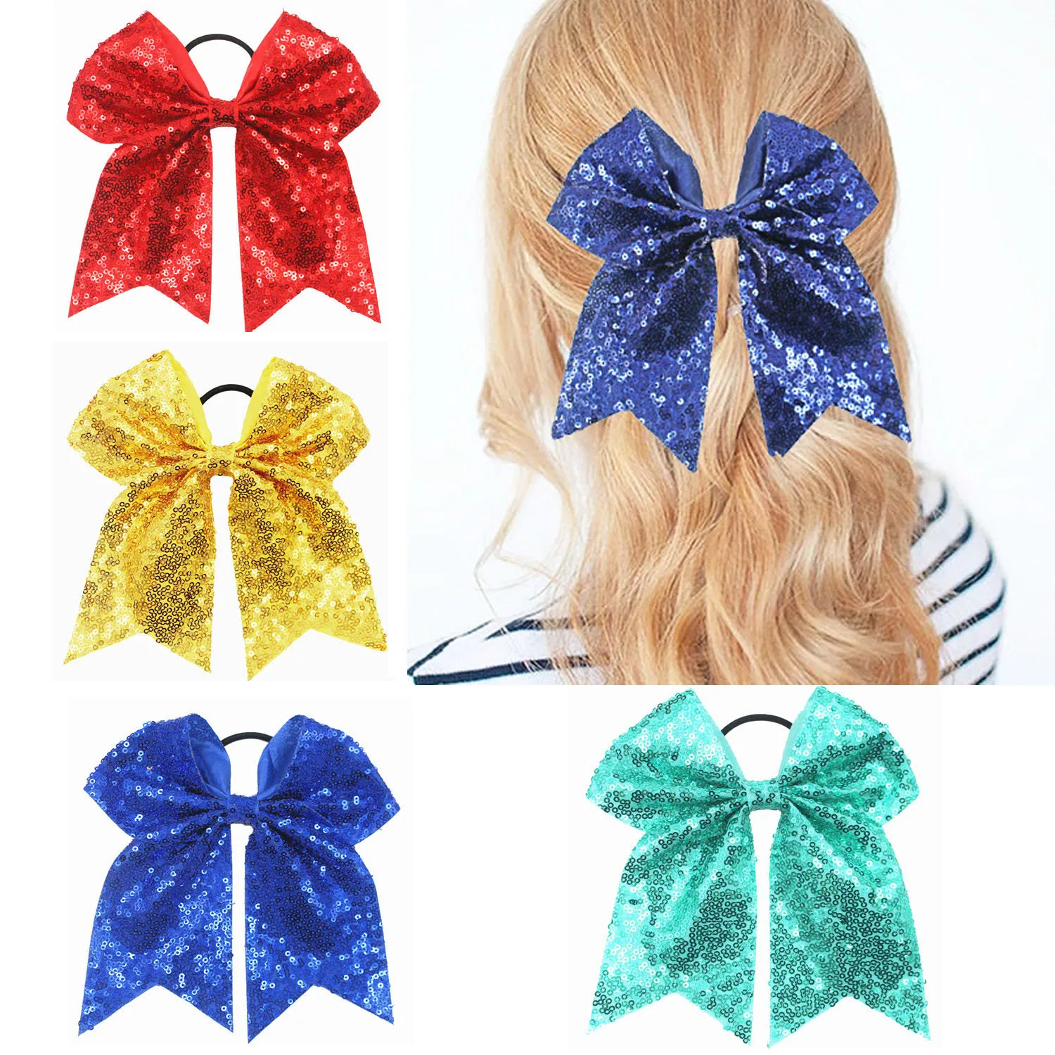 Sequin Swallowtail Bow Scrunchie Solid Color Glitter Hair Tie Ponytail Holder Cheerleading Hair Accessories for Women Party view 3