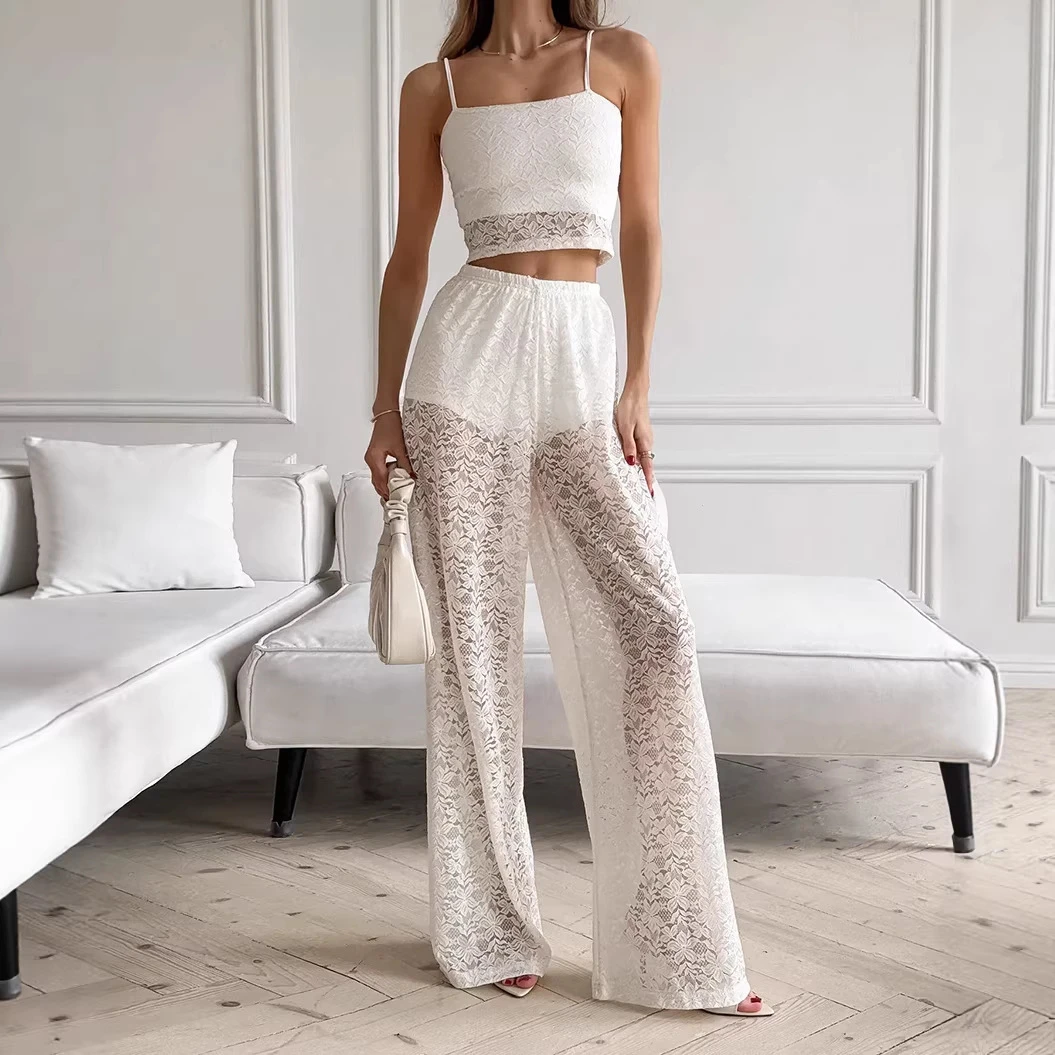 

Sexy White Lace 2 Piece Set Women Sheer Hollow Out Cami Crop Top And Wide Leg Pants Set Elegant Beach Holiday Matching Outfits