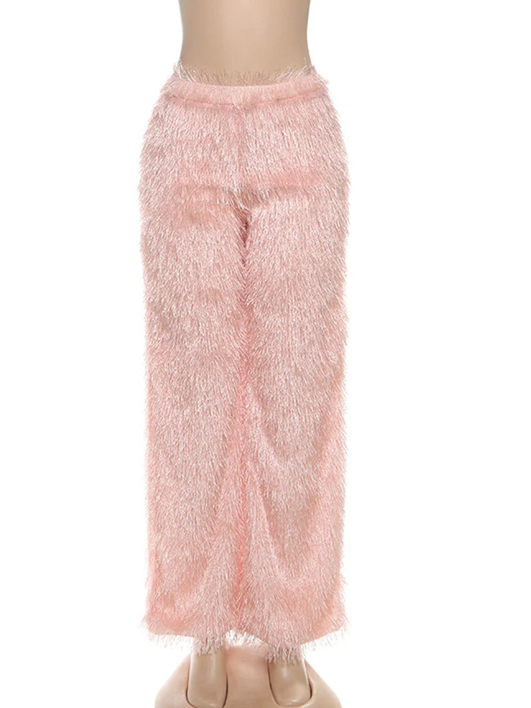 Kricesseen High Street couleur unie gland frangé jambes larges pantalon fausse fourrure pantalon femmes taille haute fourrure pantalon tenue de nuit