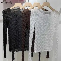 T-shirts Women Slim Vintage Sheer Tops Mesh All-match Harauku Thin Casual Aesthetic Ulzzang Chic Inner Clothes Fashion