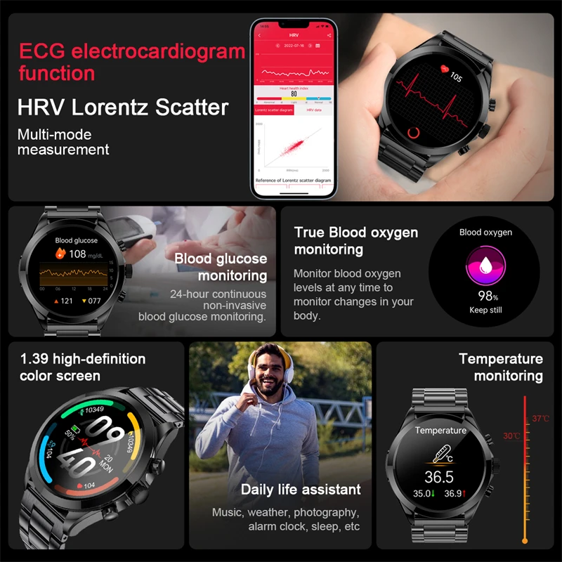 Reloj inteligente ECG para hombre y mujer, dispositivo con tratamiento láser para la salud, presión arterial, glucómetro, indoloro, no invasivo,