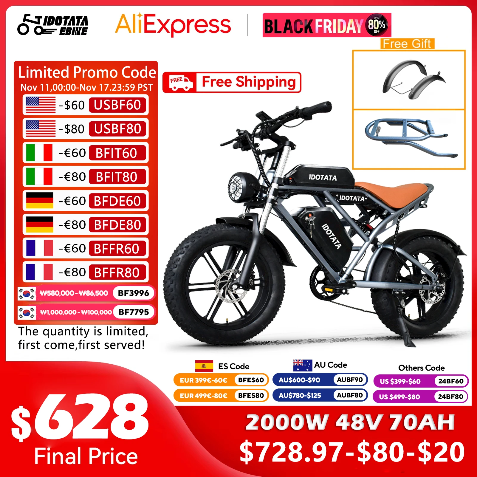 IDOTATA-Moped Fat Tire Electric Bike for Adults, 2000W, 20Inch Electric Bicycle , 48V, 55Ah, Dual Battery, 35MPH, 100Miles Ebike