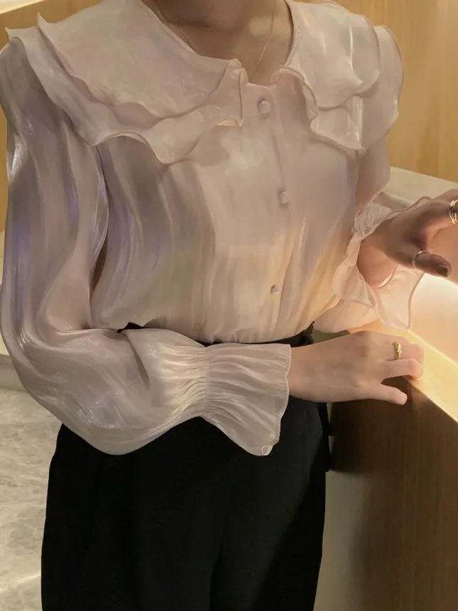 

Chic Autumn New Sle Women's irt Bell Sve Double Layer Lotus Le Collar Slimming Glowing Faionable Commute Pure E-co...