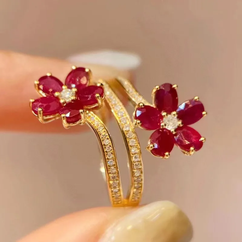 1pcs Elegant Red Flower Shaped Synthetic Zirconiaia Gold Color Opening Adjustable Ring for Women Party Banquet Wear Jewelry