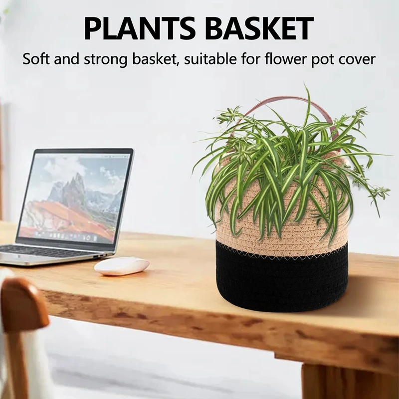 Wandgemonteerde geweven hangende mand met lederen handvat, plankmandorganizer voor planten woondecoratie