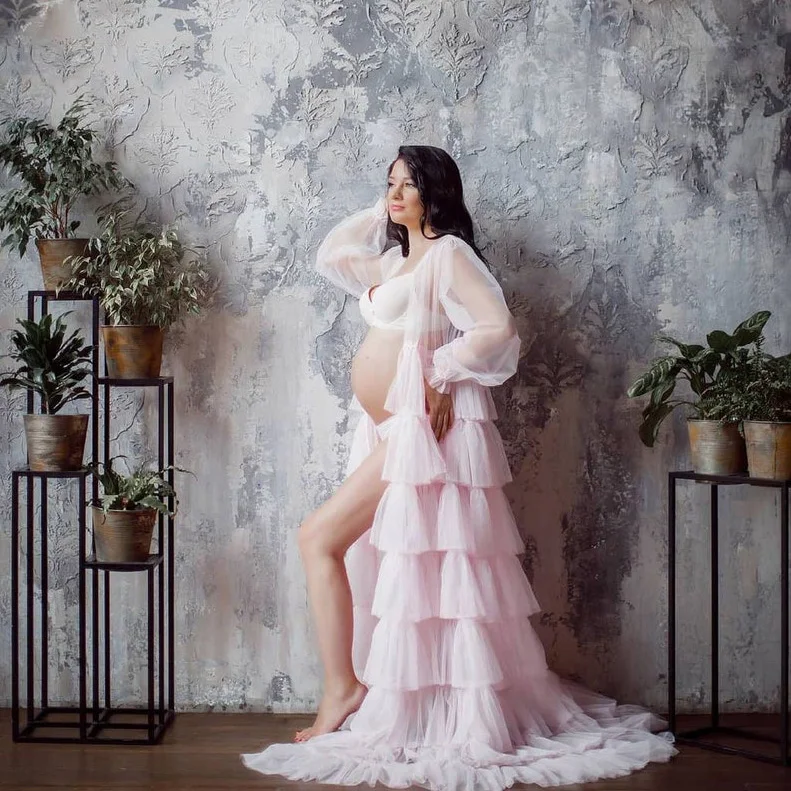 

Chic Long Pink Tulle Maternity Gowns For Photo Shoot Long Sleeves Illusion See Thru Layered Custom Made Pregnancy Baby Showers