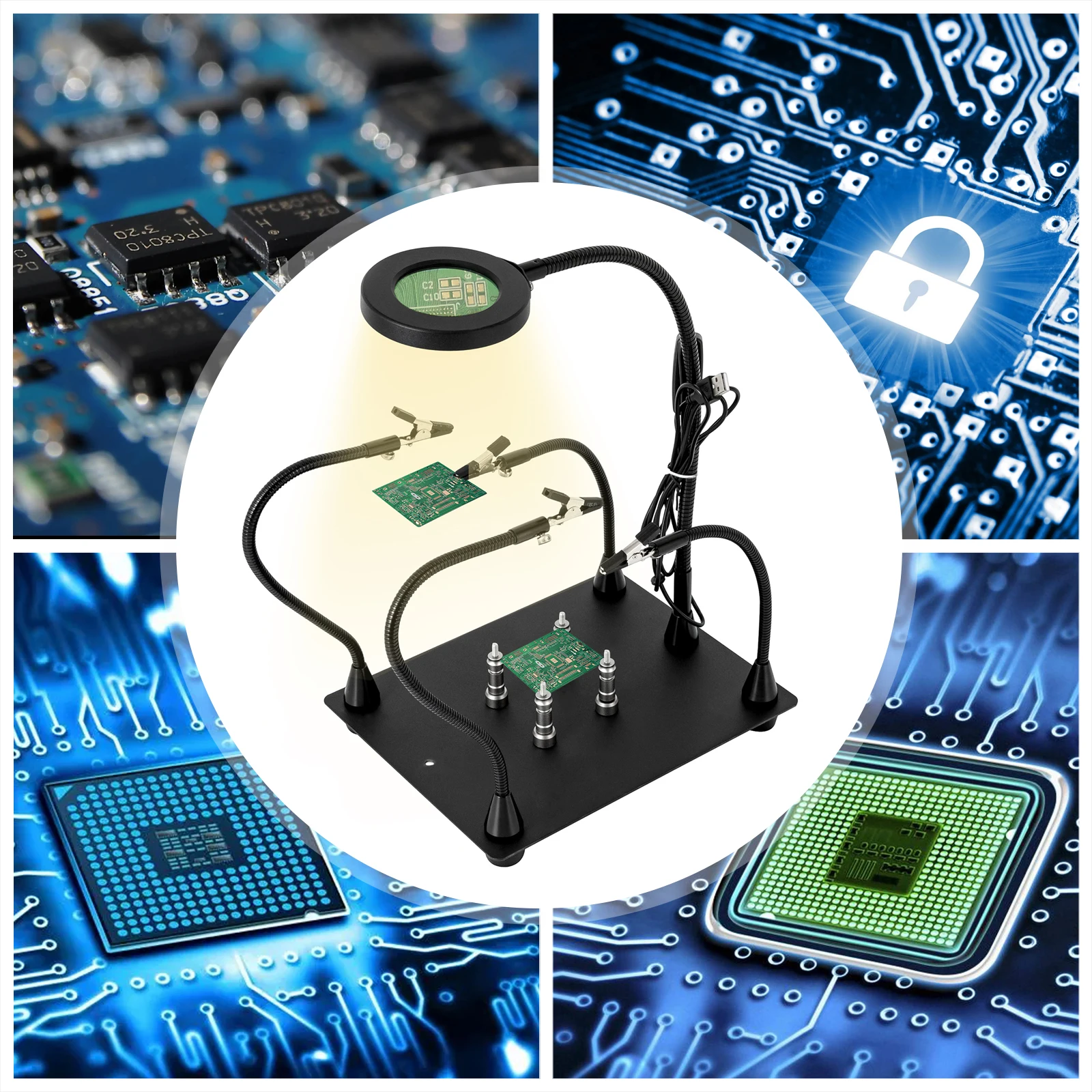 Soldering Station with Lamp with 3X LED Magnifier Lamp, 4 PCB Columns PCB Holder with Flexible Metal Arms Electronic Repair Tool