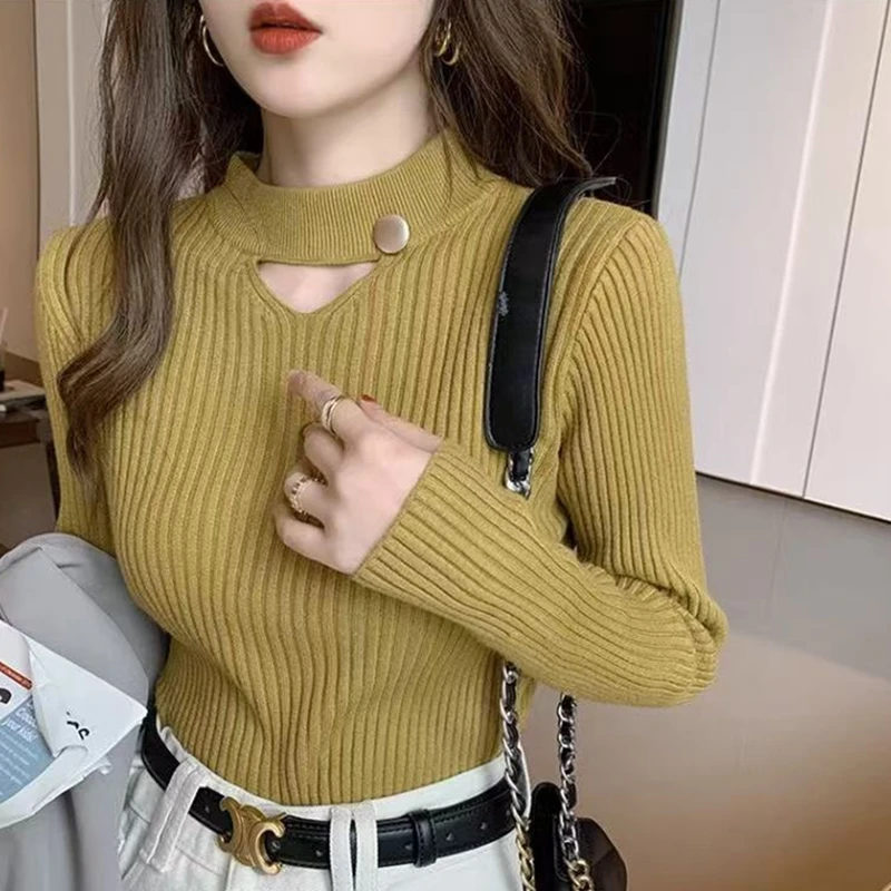 Suéter de mujer jersey Otoño Invierno manga larga hueco medio cuello alto moda delgada Color sólido trabajo fiesta suéter básico