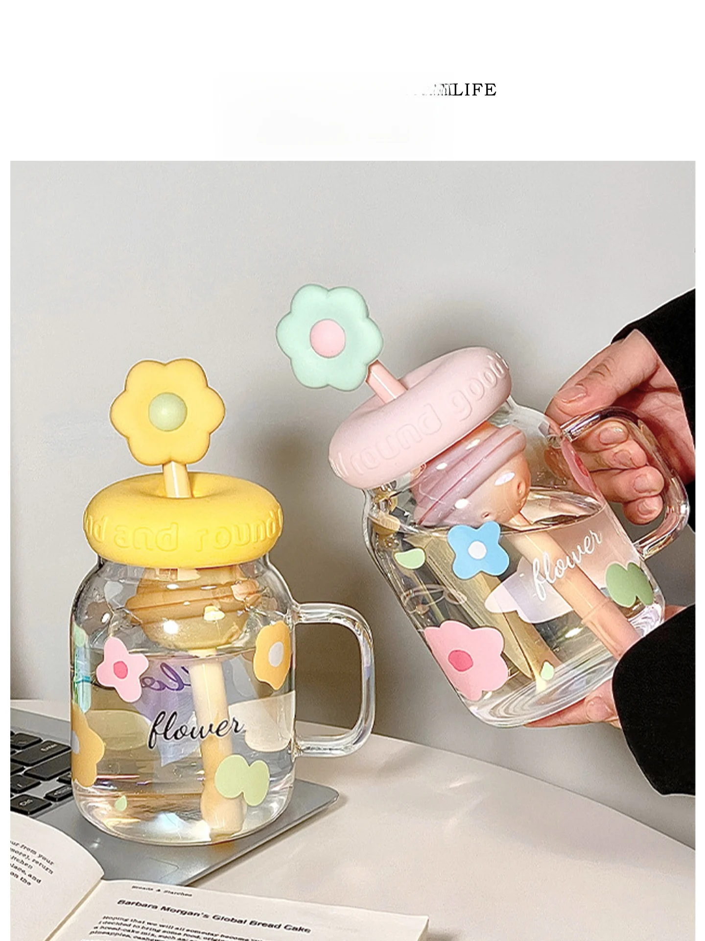 

Tlife Floral High Capaci Heat Resistant Glass St Cup with Filter Cute Plant Floral Design round Cylinder ape PP St