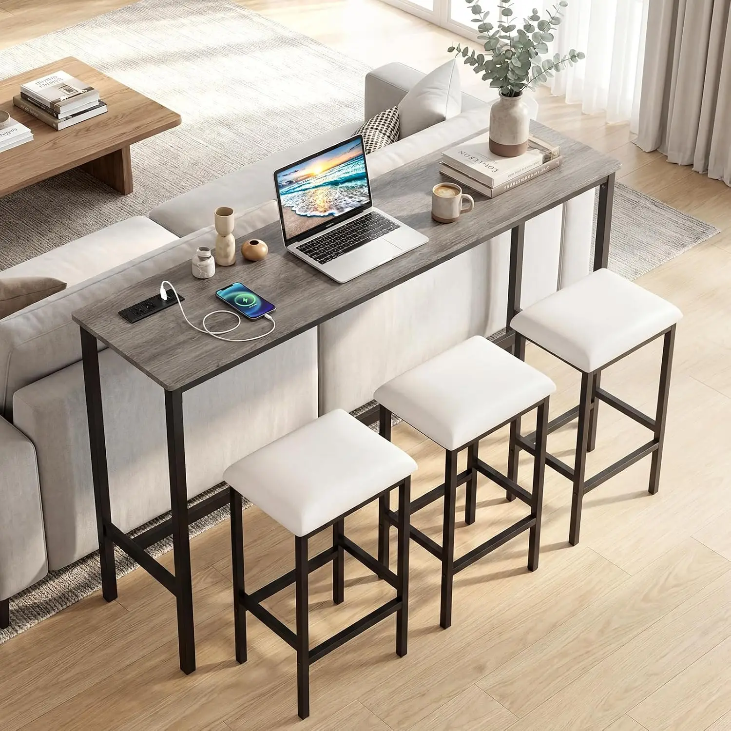 4 Pieces Counter Height Bar Table Set with Power Outlet, Customized