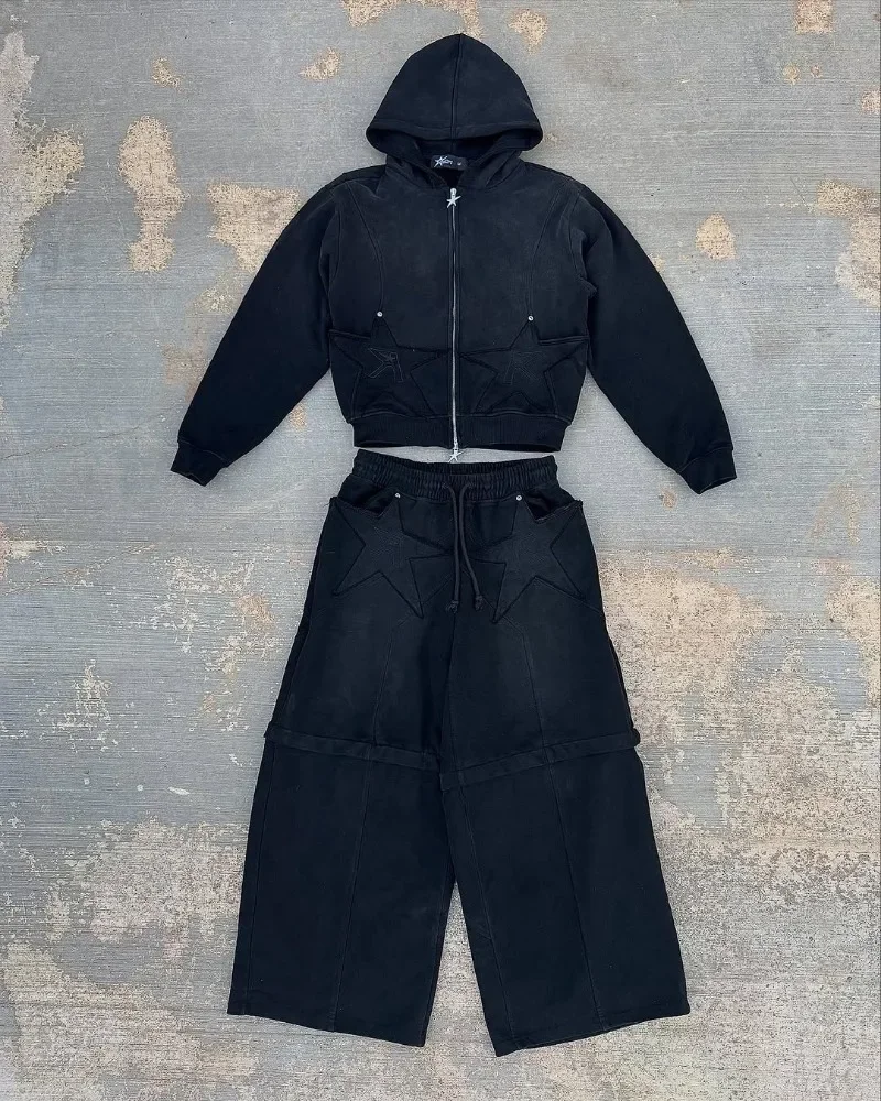 

Removable Sports Pants 2 Piece Set Y2k Hip Hop Patch Embroidery Hoodie Fashion Men Clothing Sweatshirts Drawstring Casual Pants