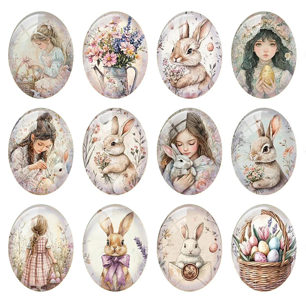 

Random Mixed Round/Oval/Square Easter Bunny Flower Girl Egg Photo Glass Cabochon Flatback Demo Cameo For Diy Jewelry Making