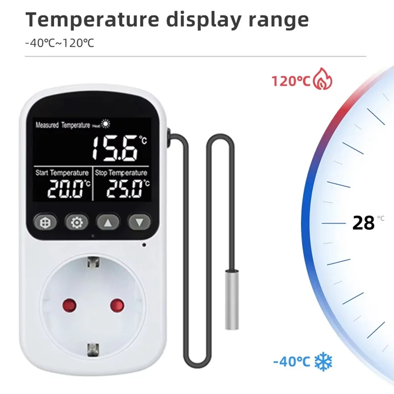 ABBO-Digital Temperature Controller With Timer Sensor Probe 16A Socket Outlet Thermostat Cooling Heating Switch Backlight EU