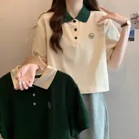 Contrast Color Short Sleeve Woman Button Tshirt Summer Outfit High Quality Sexy Crop Top Y2k Fashion Polo Neck T Shirt for Women - Image 5