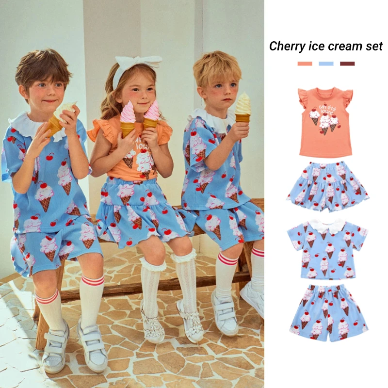 Korean Little Girls Carnival Dress Cute Apple Print2025 New Spring Summer Outfit with Shirts And Shorts Set for Children Presale