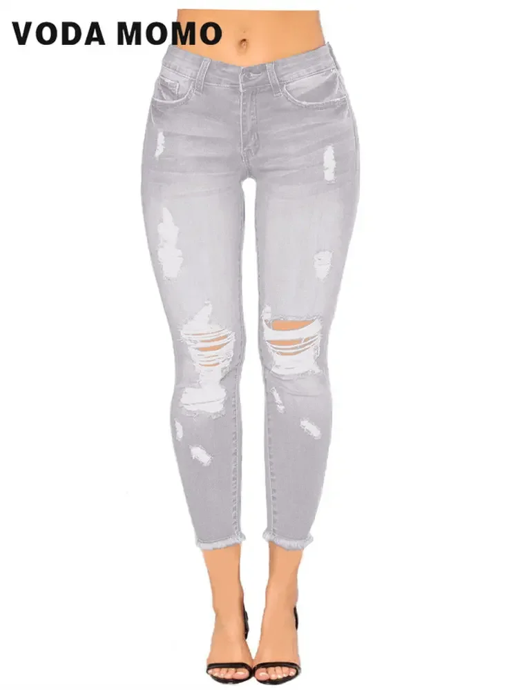 

Women Y2K Stretch Skinny Hole Denim Pencil Pants Slim Fit Casual High Waist Female Distressed Jeans Trousers Ripped Jeans Pants