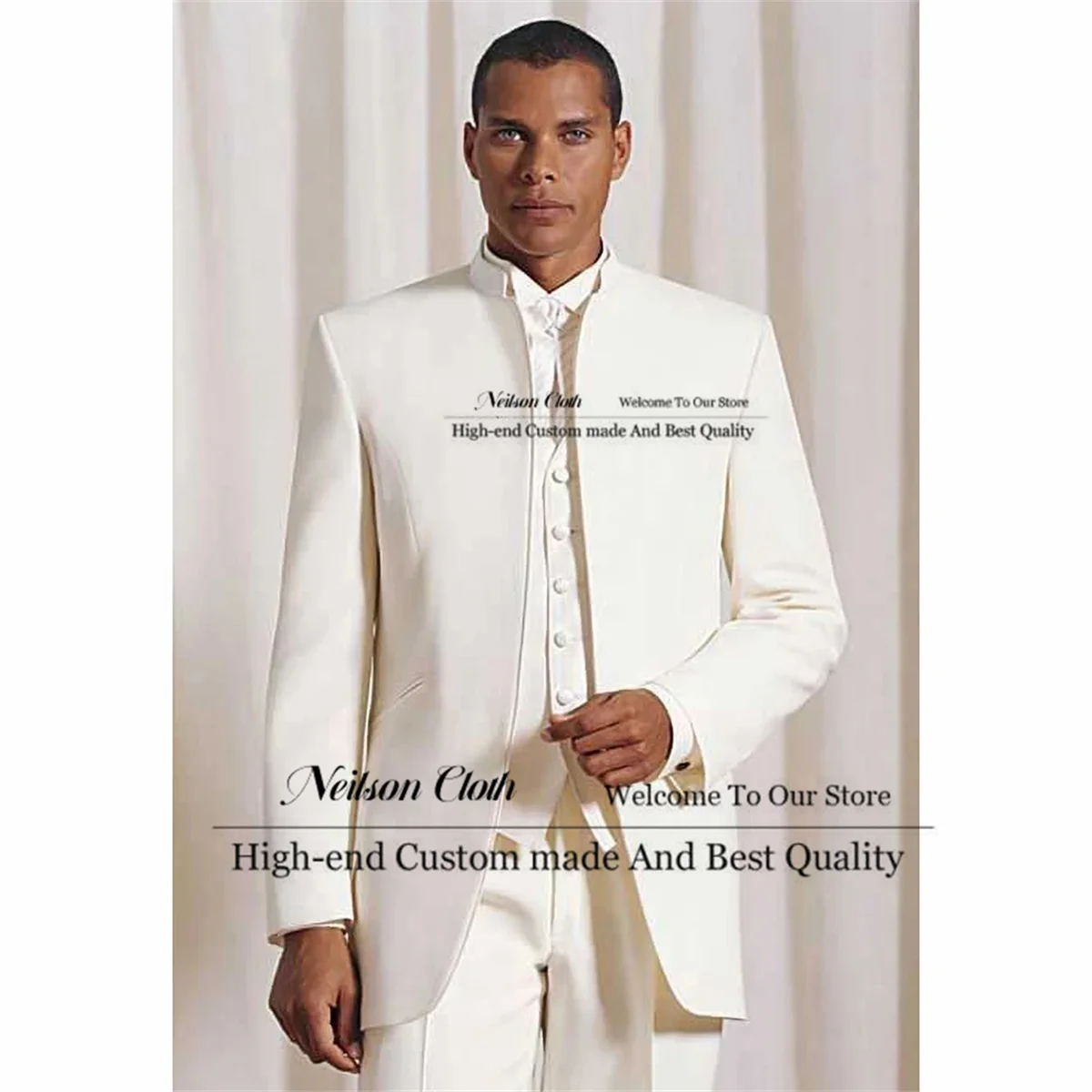 

2023 Fashion White Male Prom Blazers Stand Collar Groom Wedding Tuxedos 3 Pieces Sets Men Suits New Slim Fit Costume Homme