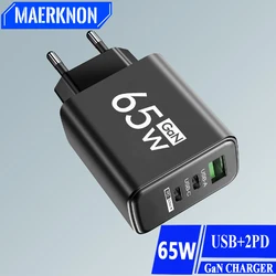 USB C GaN Fast Charger 65W QC3.0 PD Multi 3 Ports Quick Charging Type C Wall Adapter for iPhone 15 Samsung Huawei Xiaomi Oneplus